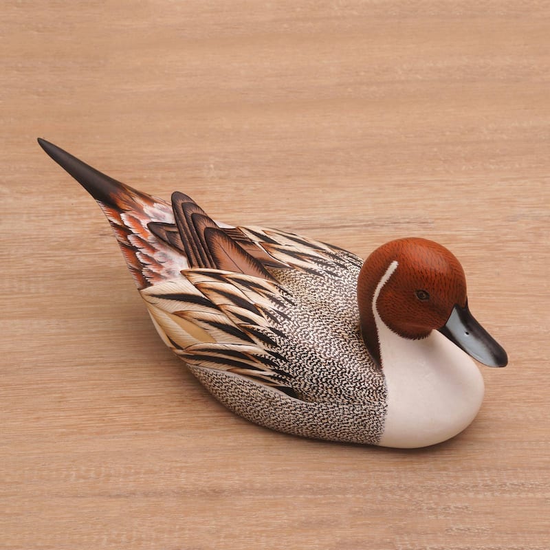 NOVICA Handmade Pintail Duck Wood Statuette (Indonesia) - 4.1" H x 10.75" W x 3.5" D