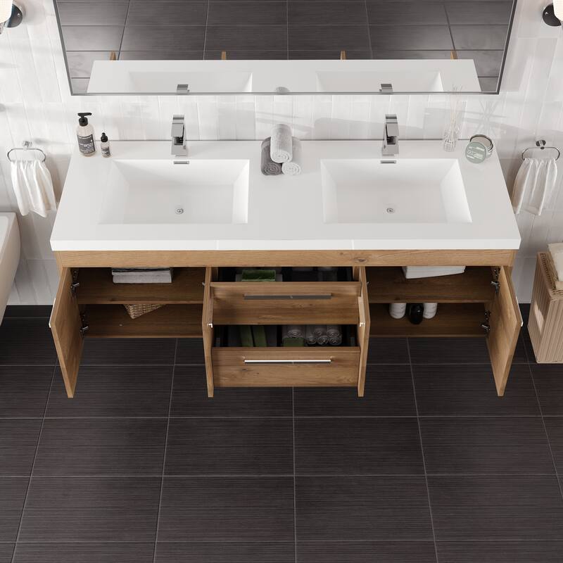 Lugano 60 in. Natural Oak Wallmount DS Bath Vanity with Integrated Acrylic Sinks