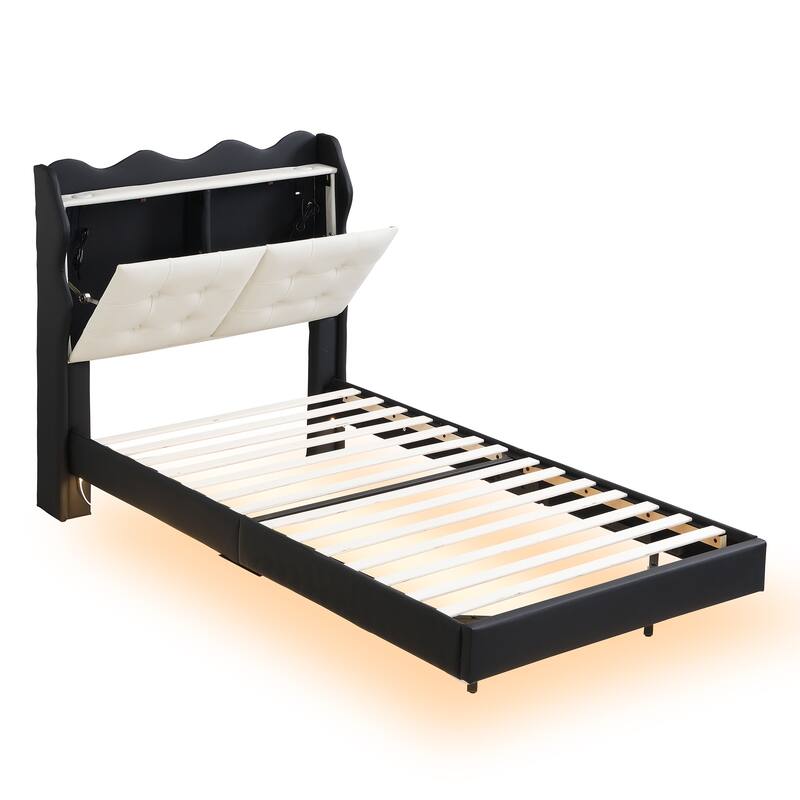 Twin Upholstered Platform Bed with LED Lights, Storage Headboard & USB Ports
