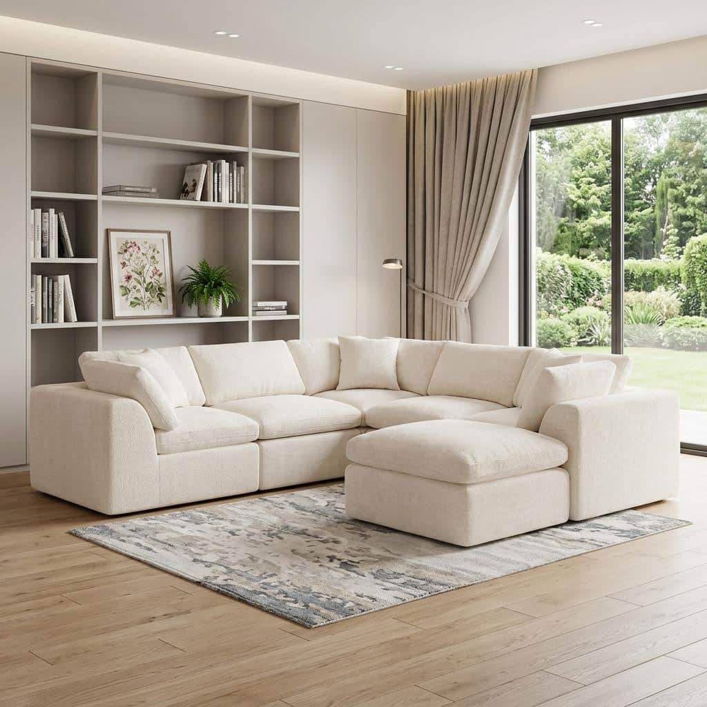 HomeRoots 138" Beige Chenille Modular Sofa With Ottoman And Toss Pillows
