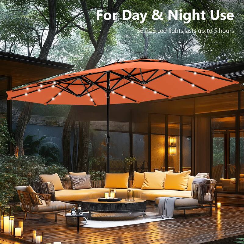 MAISON ARTS 15ft 2-Tier Large Patio Umbrella with Solar Lights, Double-Sided Outdoor Market Umbrellas with Base Included