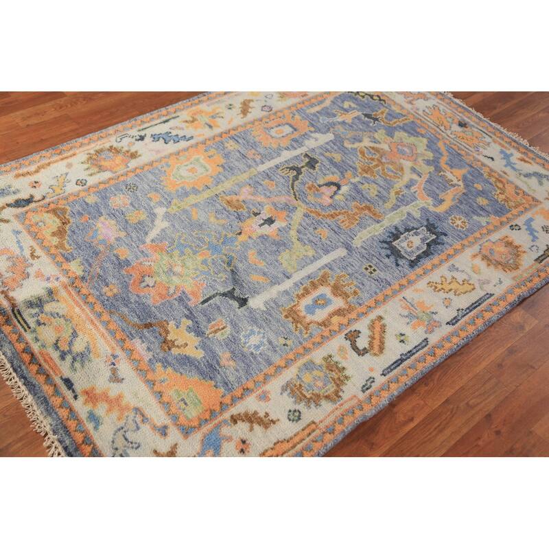 Blue Oushak Oriental Rug Hand-Knotted Transitional Wool Carpet - 4'1"x 5'10"