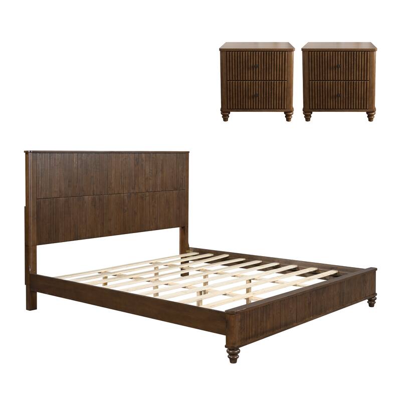3-Piece Bedroom set with a King Size Bed and 2 Nightstands - Walnut Brown