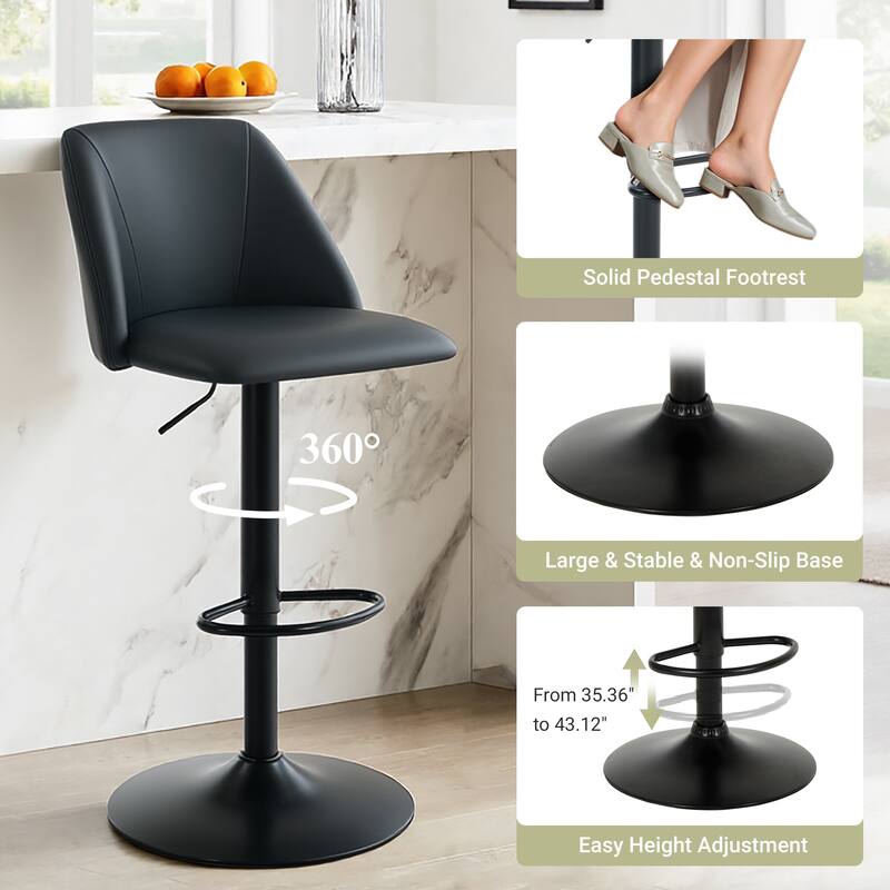 RENEWLINE Adjustable Swivel Bar Stool - PU Leather Counter Height Stool with Square Open Back for Kitchen Island
