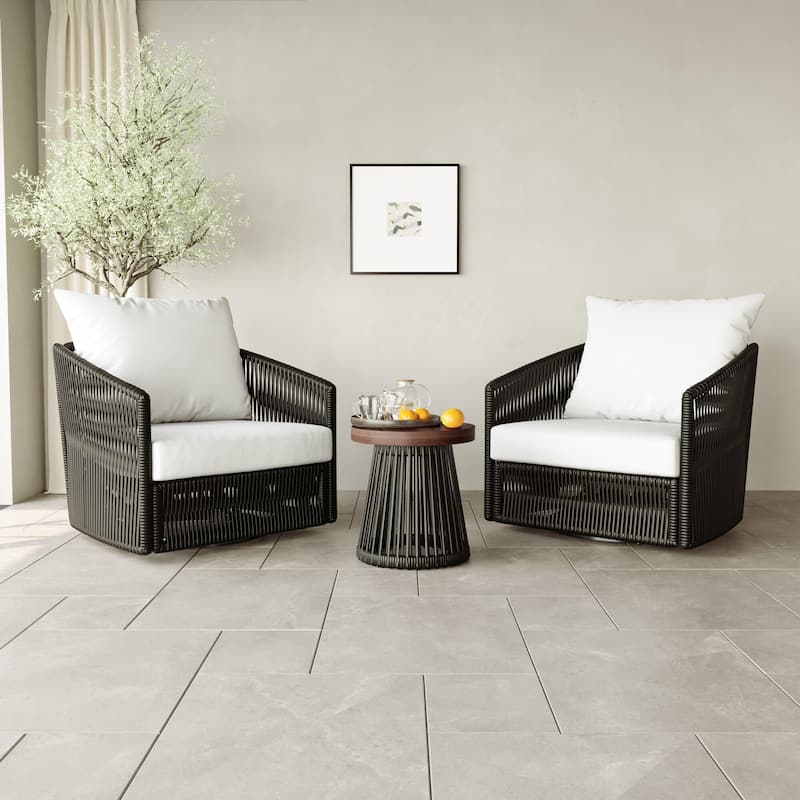 3-piece Cushioned Swivel Patio Wicker Furniture Set Outdoor Rattan Bistro Set - Black