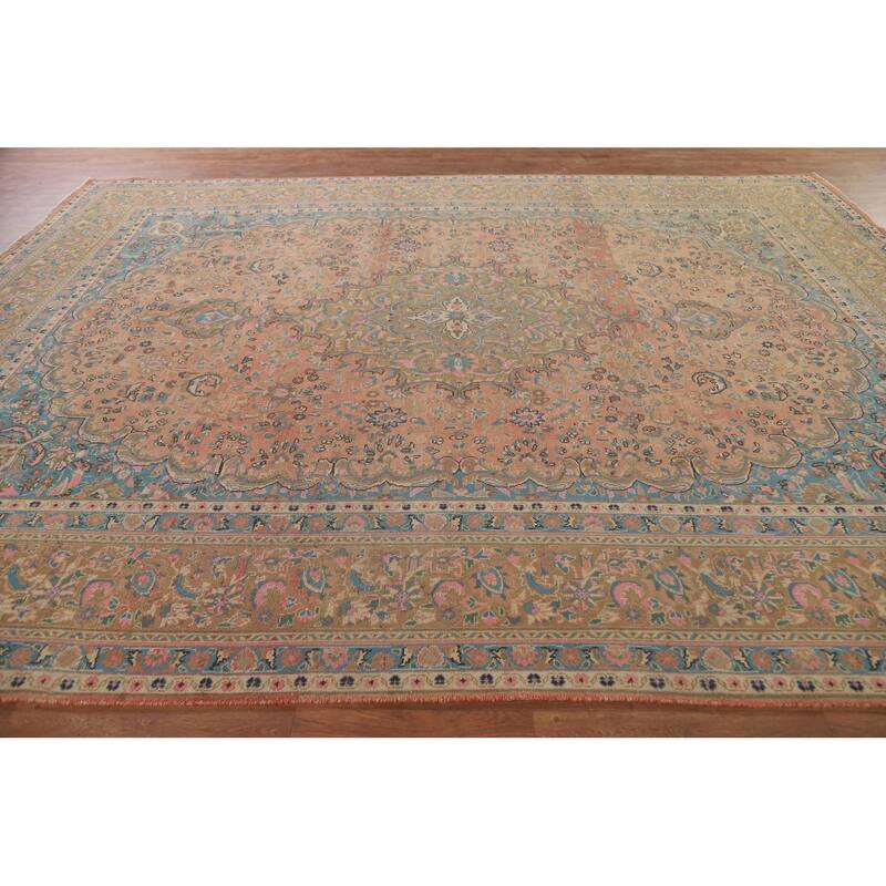 Hand Knotted Oriental 100% Wool Carpet Traditional Floral Pink Mashad Area Rug - 12' 9'' X 9' 6''