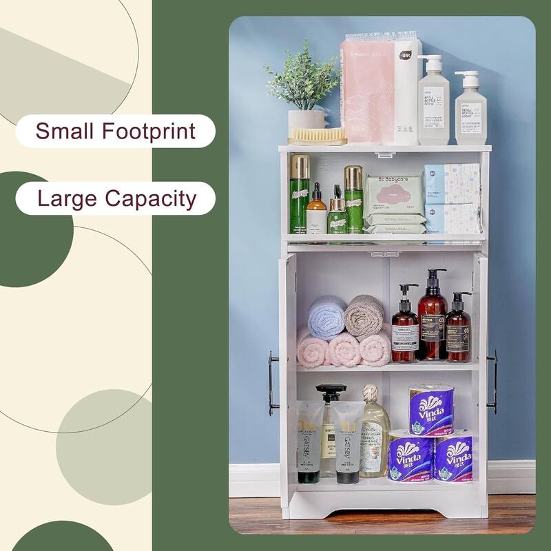 VECELO Slim Bathroom Floor Cabinet with Shutter Door 3-Tier Storage Shelf with Hooks Freestanding Cabinet for Bedroom, Entryway