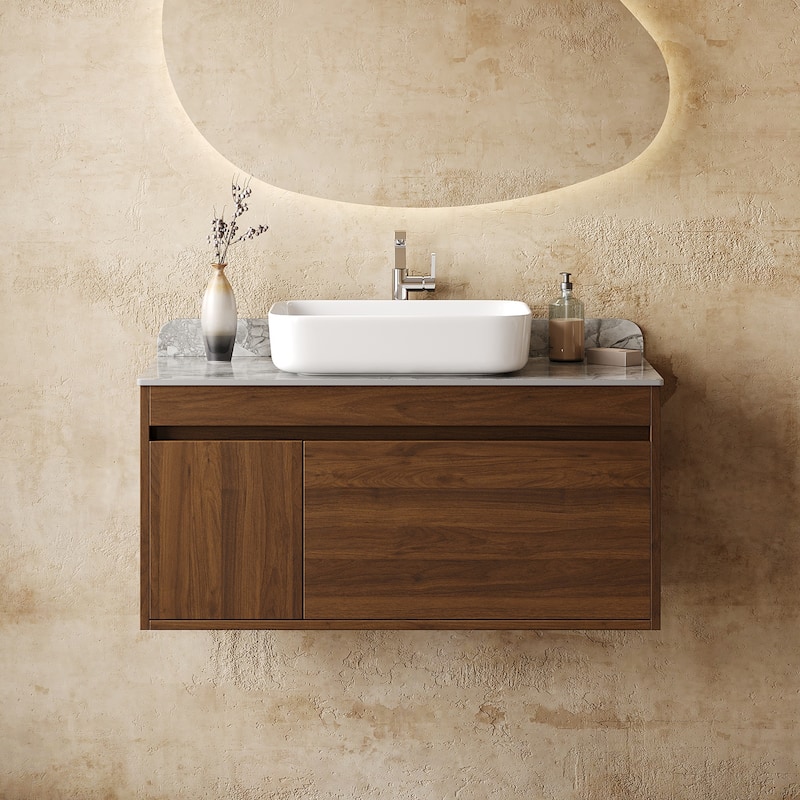 36" Floating Bathroom Vanities with Sink, Solid Wood Texture
