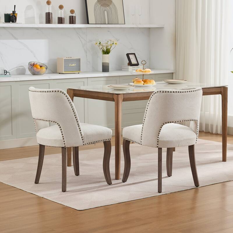 Modern Fabric Upholstered Dining Chairs Set of 2, Farmhouse Wooden Dining Room Chairs with Curved Backrest, Rivet Trim