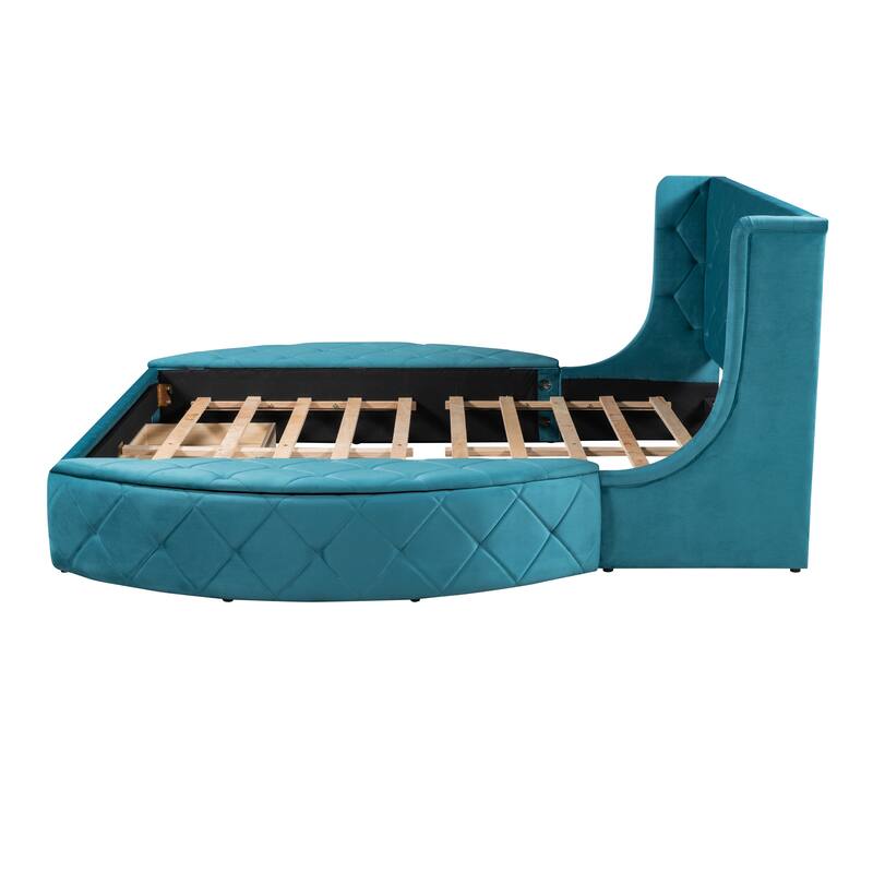 Upholstered Platform Bed Queen Size Storage Velvet Bed with Wingback Headboard and 1 Big Drawer,2 Side Storage Stool