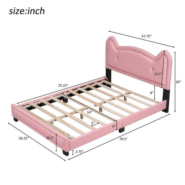 Pink Cute Pine Wood Upholstered Platform Bed, Cartoon Ears Headboard, Sturdy Construction