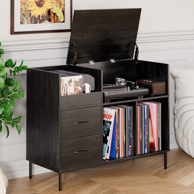 Record Player Stand with Power Outlet & Flip-Down Lid,Turntable Table with Storage,Media Console with 2 Drawers