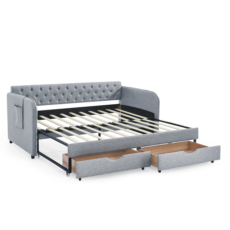 Roomfitters Twin Upholstered Daybed with Trundle, Underbed Storage and Flat Arms with Side Pocket, Extendable Design