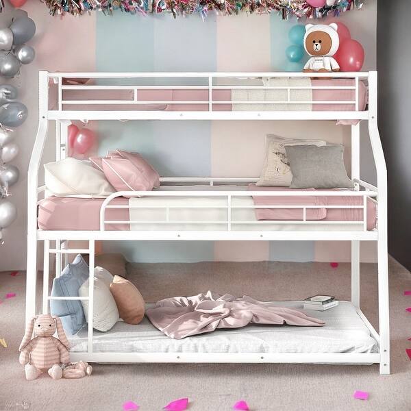 slide 2 of 13, Artsy Twin XL/Full XL/Queen Triple Bunk Bed with Long and Short Ladder and Full-Length Guardrails, Space-Saving, White White