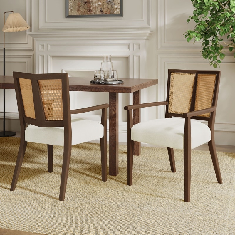 2Pcs Wood Dining Chairs Modern Upholstered Fabric with Rattan Back