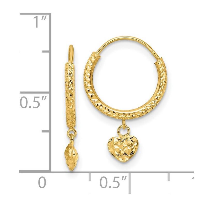 Curata 14k Yellow Gold Sparkle Cut Love Heart Hoop Earrings - 20x13.5mm