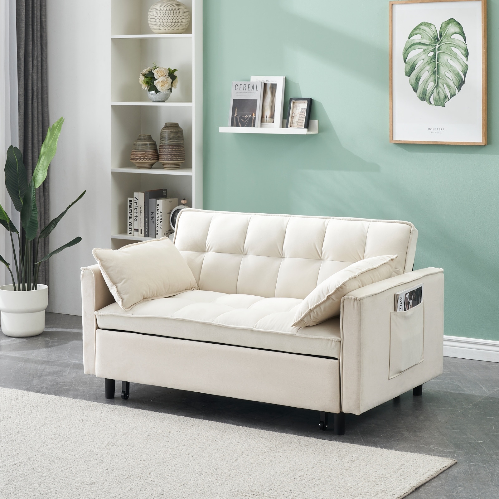 55-Inch Velvet 3-in-1 Pull-Out Sleeper Loveseat with Side Pockets and 2 Pillows