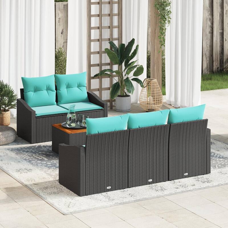 vidaXL 6 Piece Garden Sofa Set with Cushions Black Poly Rattan Acacia - 70.1×24.4×27.2
