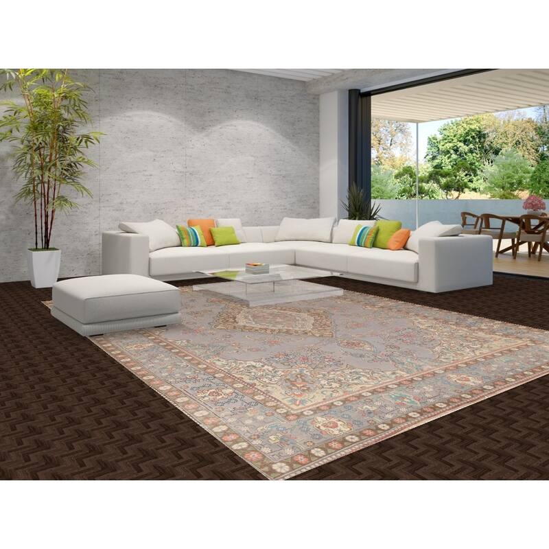 Traditional Gray Tabriz Persian Vintage Rug Hand-Knotted Wool Carpet - 9'6"x 12'11"