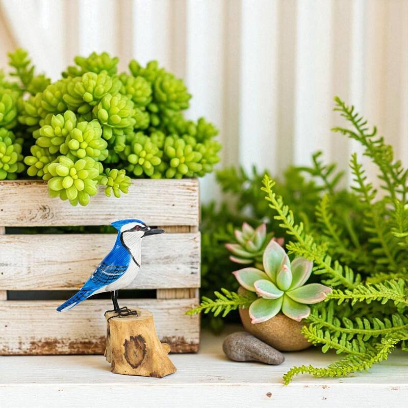 Wood Blue Jay Figurine - Hand Carved Songbird Sculpture, Nature Inspired Bird Decor - 7.5" tall x 5" wide x 3" deep