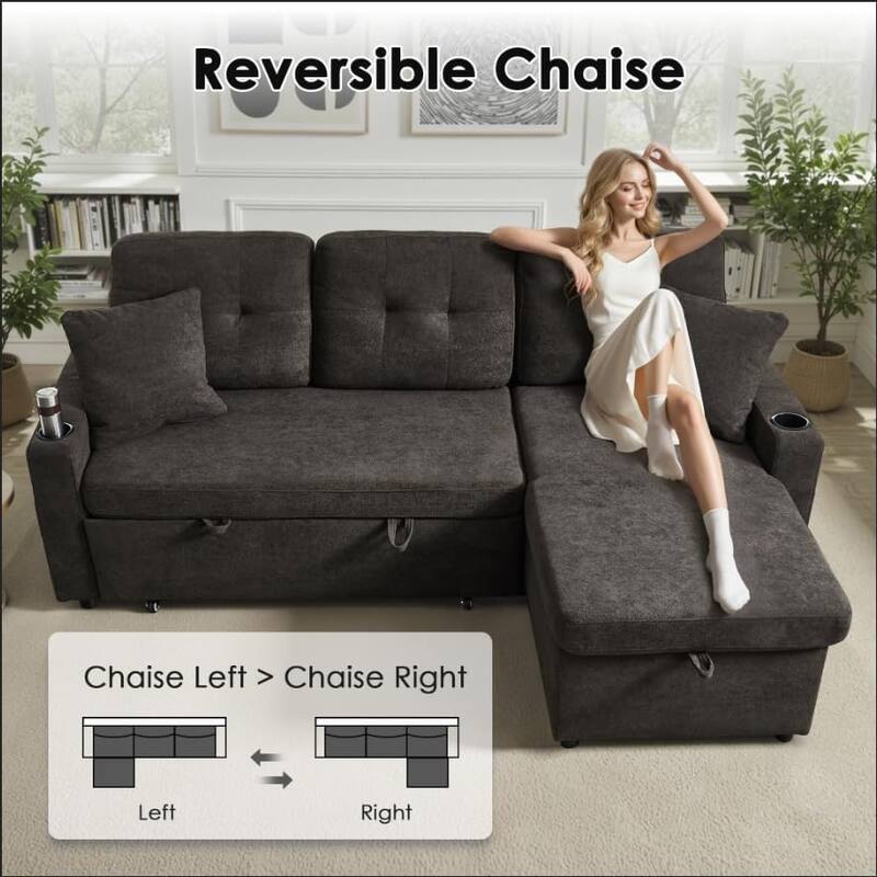 Reversible Sectional Sofa Couch,Sleeper Sofa Bed with Storage Chaise Pull Out Couch for Living Room,USB Charge,Cup Holder