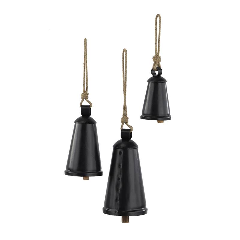 Metal Tibetan Inspired Decorative Cow Bells with Jute Hanging Rope - Set of 3 Silver, Black, Bronze, Red - Roche River Decor