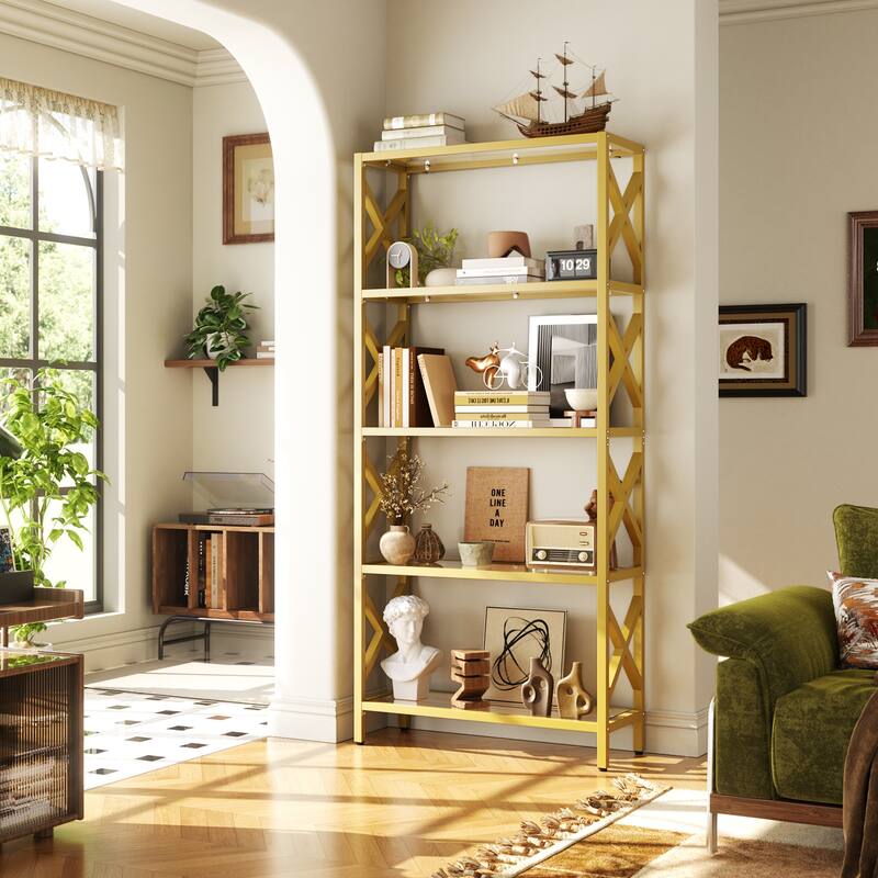 Modern Gold Bookshelf with Tempered Glass Shelves, 3-5 Tires Display Storage Shelving