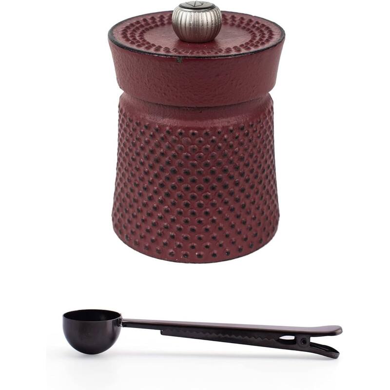 Peugeot BALI FONTE Cast Iron Pepper Mill, 8cm/3 In, With Stainless Steel Spice Scoop/Bag Clip (Red) - Red - 2 Piece