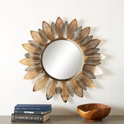 Gold Metal Layered Leaf Abstract Wall Mirror with Flower Shape
