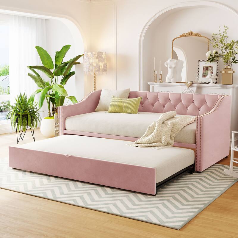 Twin Size Daybed,Velvet Upholstered Daybed Frame with Pop Up Trundle