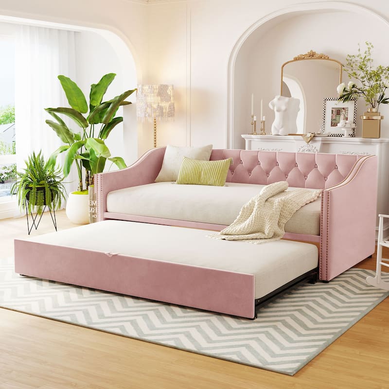 Upholstered Daybed with Pop up Trundle, Twin Size Daybed Frame with Extendable Trundle, Tufted Sofa Bed with Wood Slat Support