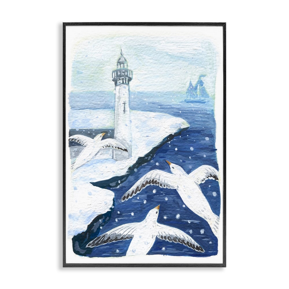 Stupell Snowy Winter Harbor Birds Framed Giclee Art Design By Hannah Moren