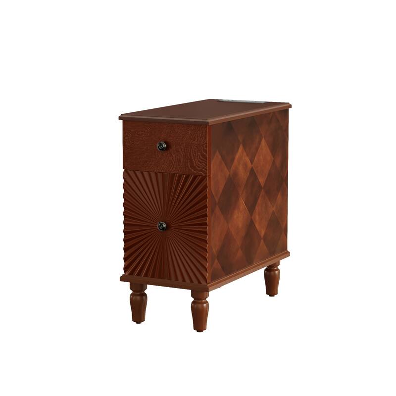 Slim Nightstand with Charging Station, Floor Standing Narrow Side Table, Wooden Storage Cabinet with 2 Drawers