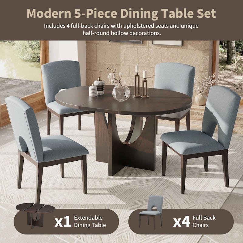 Modern 5-Piece Round Dining Set with 16.2" Removable Leaf