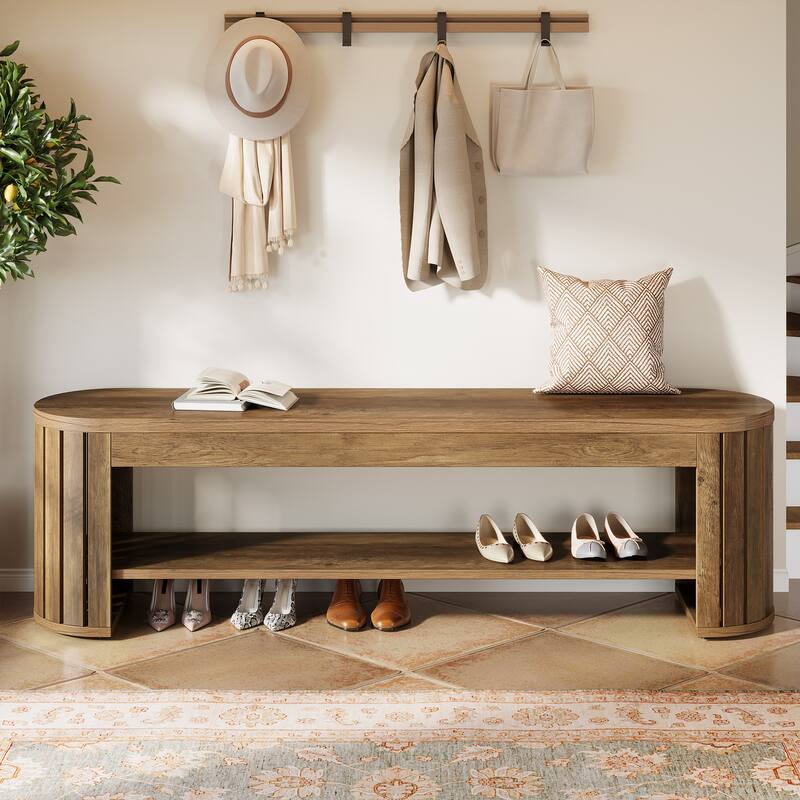 63" Wooden Entryway Bench, Long 2-Tier Narrow Shoe Bench