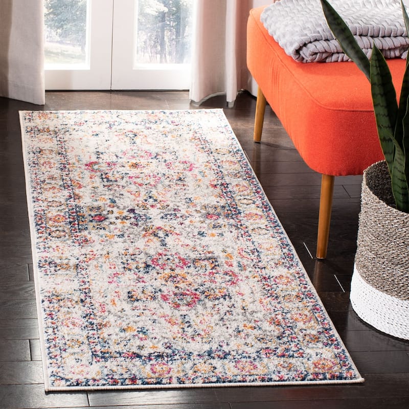 SAFAVIEH Madison Delois Medallion Rustic Farmhouse Distressed Rug - 2'3" x 12' Runner - Fuchsia/Ivory