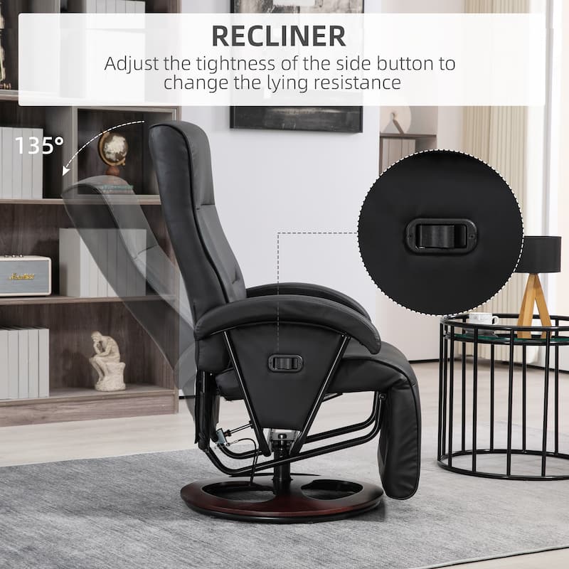 HOMCOM PU Recliner with Footrest, Lounge Chair with 135° Adjustable Backrest, Swivel Wood Base