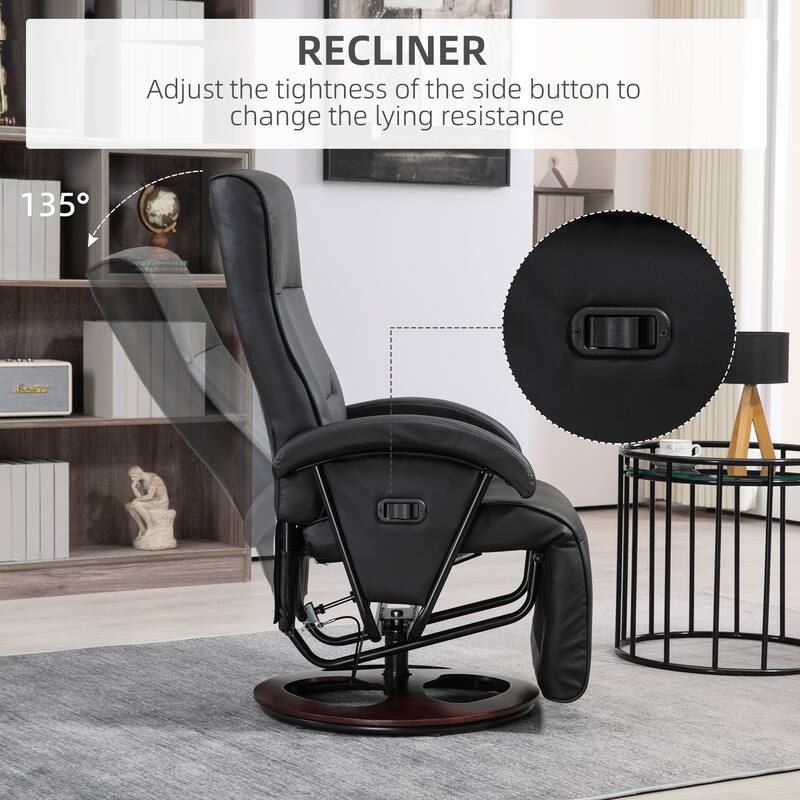 PU Leather Swivel Recliner Chair with 135° Adjustable Backrest, Footrest & Wooden Base for Living Room Relaxation