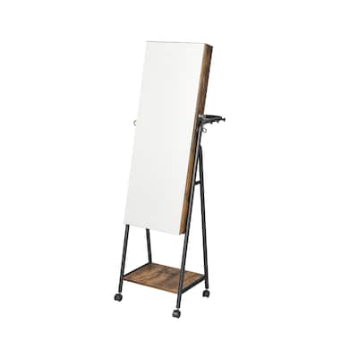 Rustic Brown Standing Lockable Mirror Jewelry Cabinet with 4 Wheels and 6 LED Lights