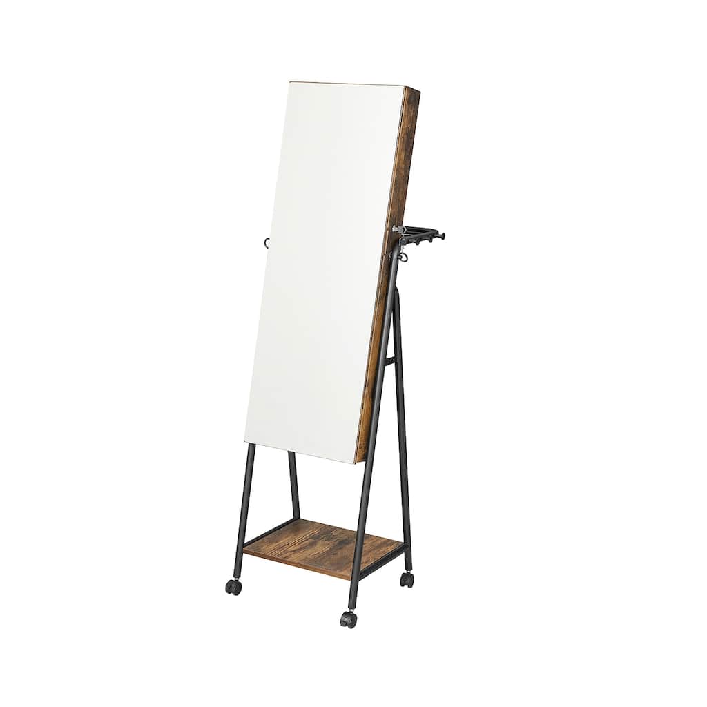 Rustic Brown Standing Lockable Mirror Jewelry Cabinet with 4 Wheels and 6 LED Lights