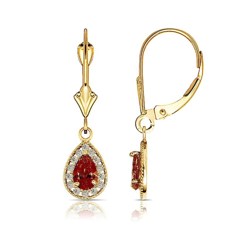 Curata Solid 14k Yellow Gold Birthstone Beaded Pear-shaped Cubic Zirconia Halo Dangle Leverback Earrings (6mm x 24mm)