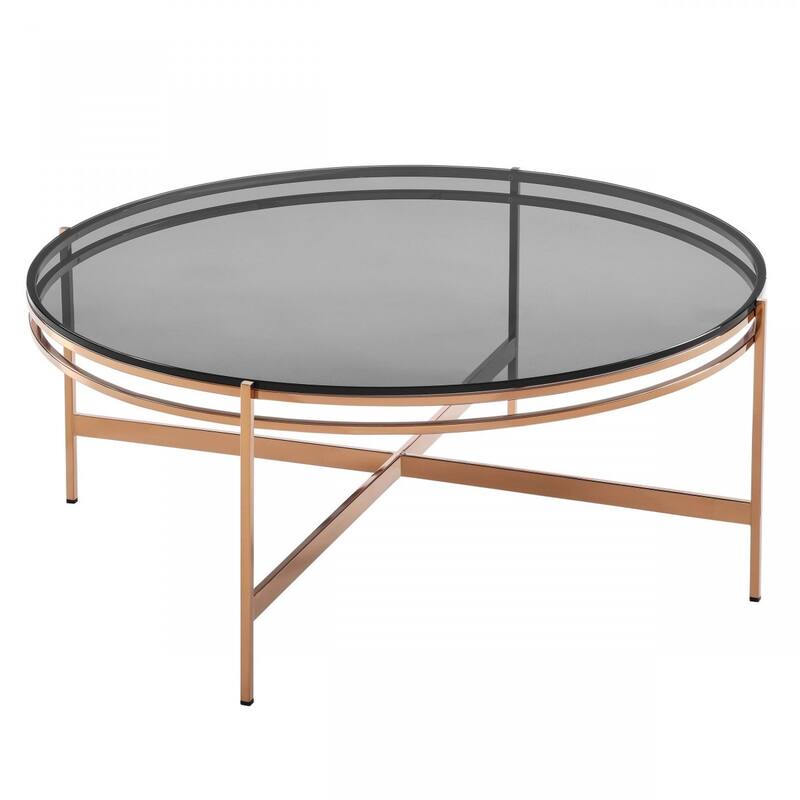 HomeRoots 35" Gold And Smoked Glass Round Coffee Table - 35