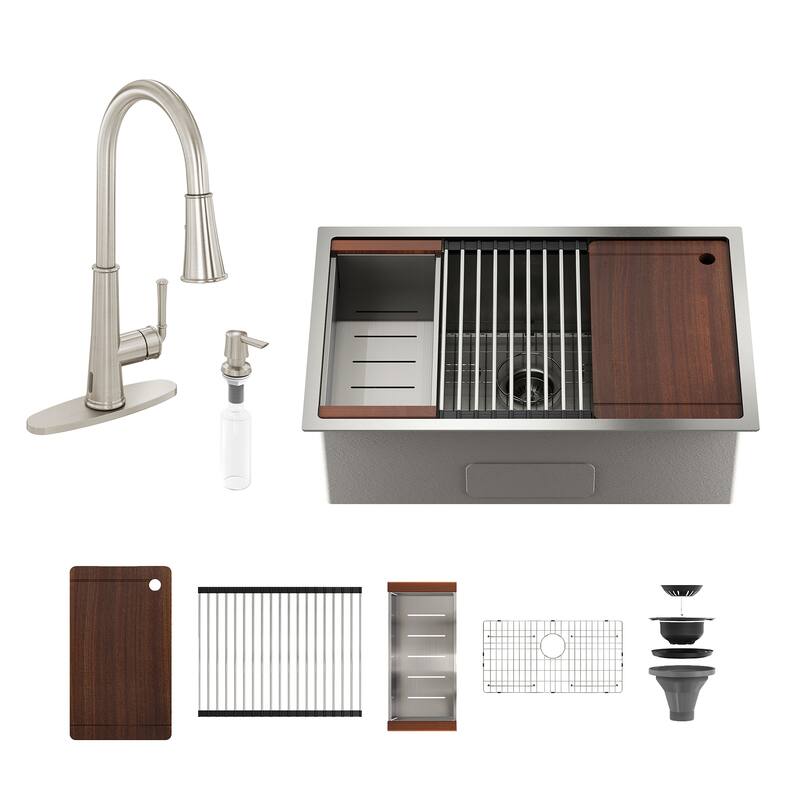 Undermount Nano Brushed Stainless Steel Workstation Kitchen Sink with Sensor-Activated Kitchen Faucet and Accessories - 36" Sink + 2-Spray Brushed Nickel Pull-Down Faucet - 36 x 19 x 10
