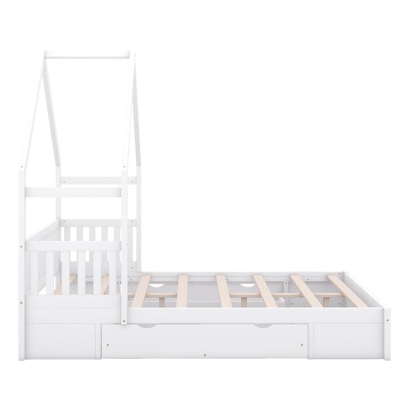 Queen Size House Platform Bed with Guardrail and Storage Drawers, White