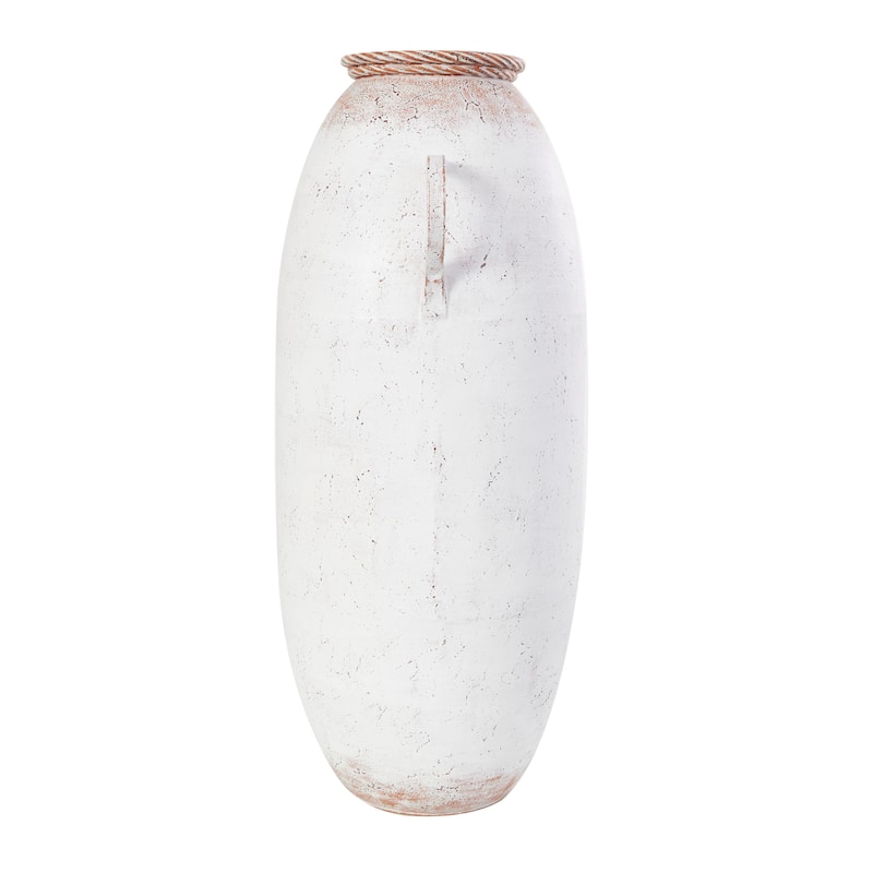 White Metal Vase with Antique Distressing and Terracotta Accents