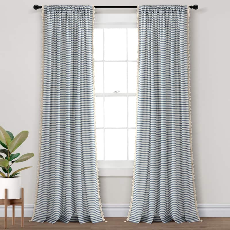 Lush Decor Boho Coastal Horizontal Ticking Stripe Tassel Window Curtain Panels - 84" x 52" - Blue