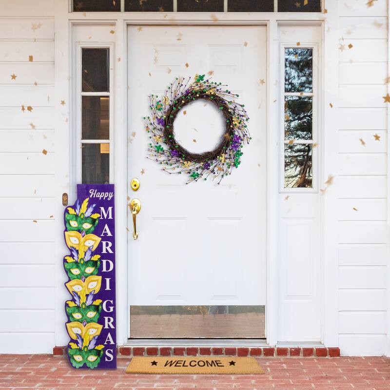 Glitzhome 41.75"H Mardi Gras Lighted Wooden Stacked Masks Porch Decor w/Timer