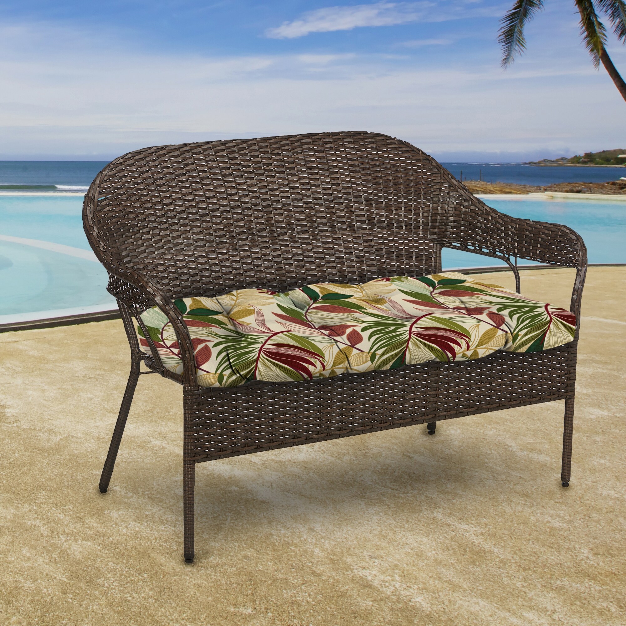 44 x 18 Beige Leaves Contoured Outdoor Wicker Bench Cushion 18 L x 44 W x 4 H