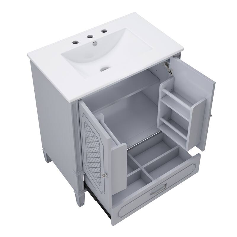 60" Bathroom Vanity with Double Ceramic Sink Combo Set, 2 Free Standing Cabinet with Soft-closing Door Organizers, 2 Drawers