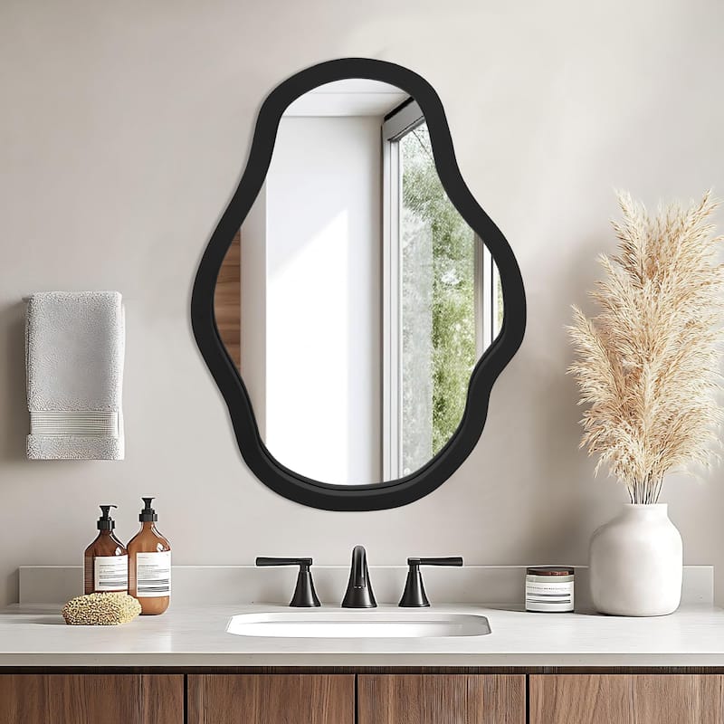 Irregular Wavy Wall Mirror, Boho Vanity Mirror Decorative Wood Framed for Bathroom, Bedroom, Living Room, Cloakroom, Entryway